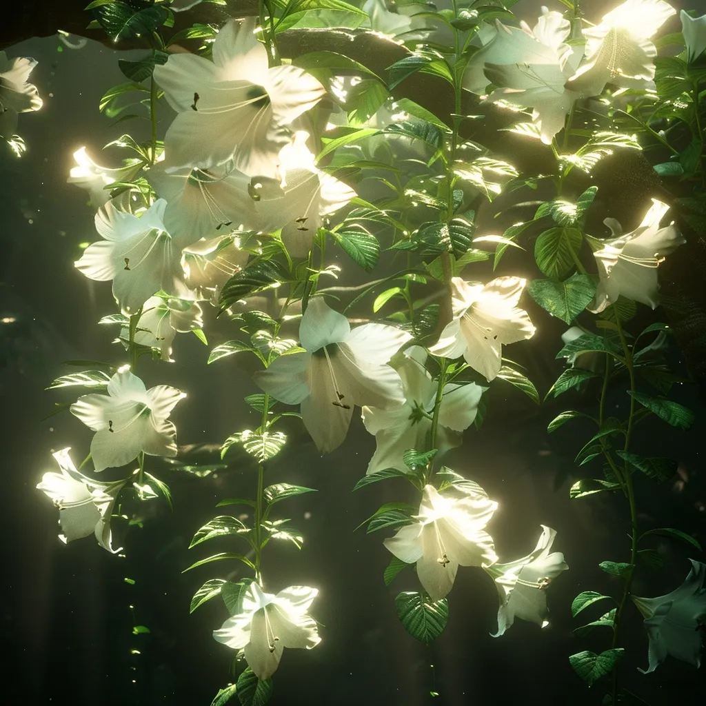 A cluster of delicate white flowers hang from a vine, their petals catching the sunlight. Lush green leaves surround the blossoms, creating a serene and ethereal atmosphere. The soft focus and warm lighting add a dreamy quality to the image, evoking a sense of peace and tranquility.