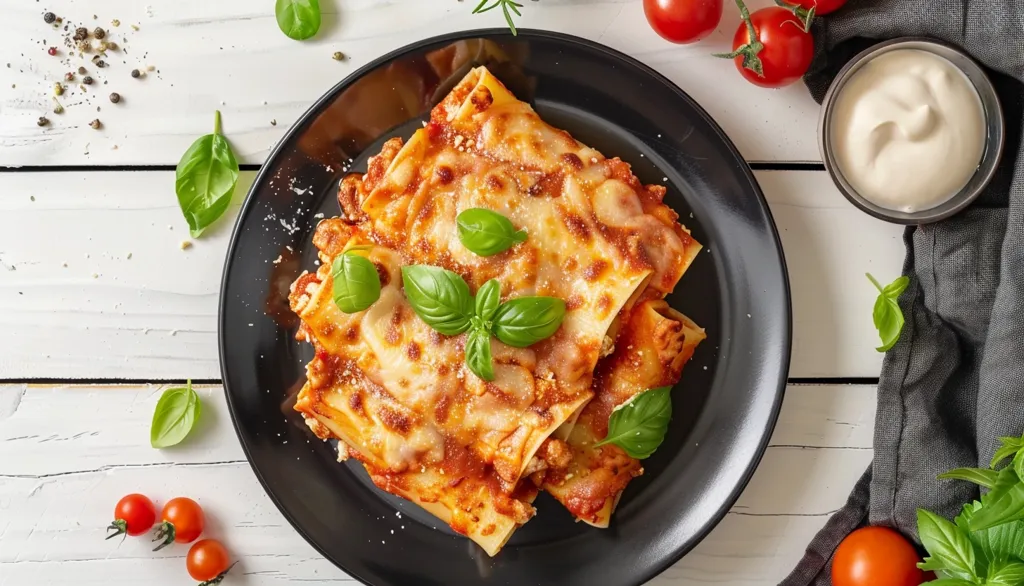 A black plate filled with four cannelloni pasta tubes, covered in melted cheese and tomato sauce, is surrounded by basil leaves, cherry tomatoes, and a small bowl of cream sauce. The dish sits on a white wooden surface, creating a warm and inviting image of a hearty Italian meal.