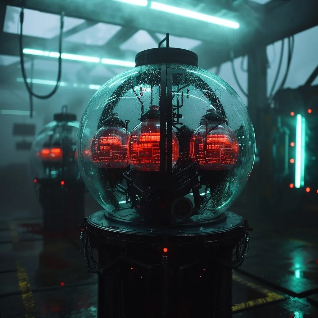 A futuristic, metallic machine sits in a dimly lit room with green lighting. It has a large, spherical, transparent dome containing several smaller, glowing spheres with red digital displays inside. The machine has a complex network of wires and tubes, and there are other, similar machines visible in the background.  The scene is suggestive of a high-tech laboratory or research facility.