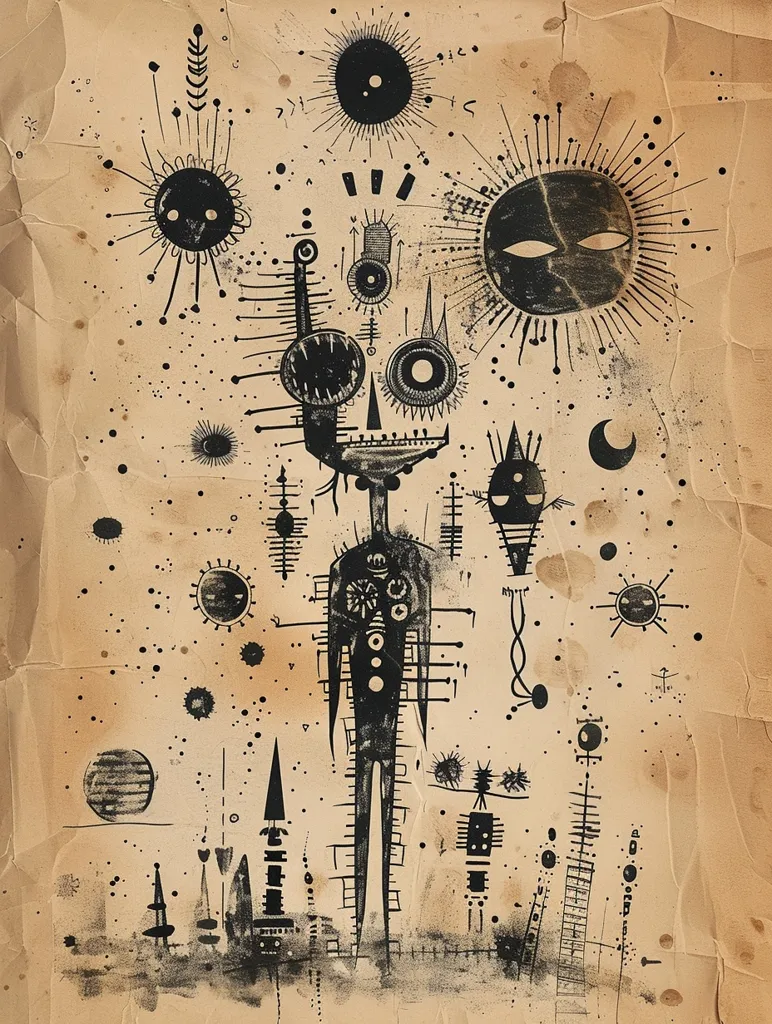 The image depicts a stylized figure with a large head and a long body, surrounded by a variety of abstract shapes and symbols. The figure is composed of simple lines and circles, giving it a primitive, almost tribal appearance. The background is a textured beige, with a sense of age and wear. The overall effect is one of mystery and surrealism, with a heavy focus on symbolism and abstract forms.