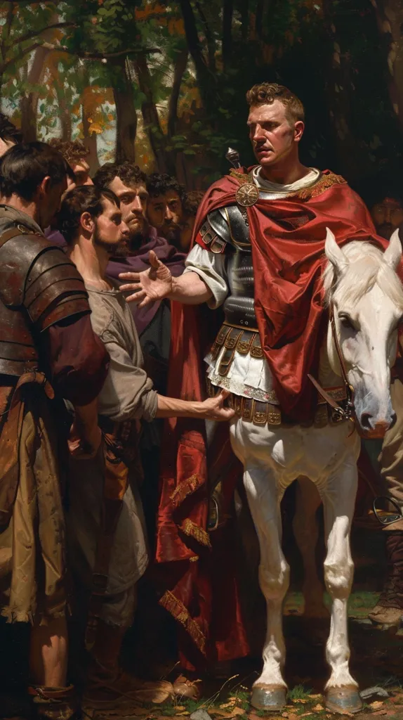 A Roman soldier in full armor, with a red cloak and a white horse, stands before a group of men. The soldier is holding a sword and appears to be addressing the men, perhaps giving them instructions or making a speech. The scene is set in a forest clearing, with trees and foliage in the background. The painting captures the moment of tension and anticipation, as the soldier prepares to lead his men into battle. The detailed brushstrokes and rich colors bring the scene to life, creating a sense of realism and drama.