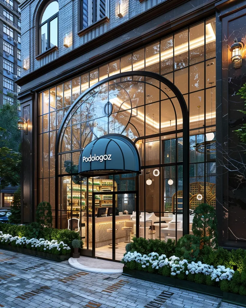 The image shows a storefront with large glass windows and a black metal frame. The storefront is adorned with a blue awning with the word "Podologoz" written on it. The interior is dimly lit and features a bar area with shelves filled with bottles. White flowers line the sidewalk in front of the store. The overall atmosphere is sleek and modern, creating an inviting and stylish ambiance.