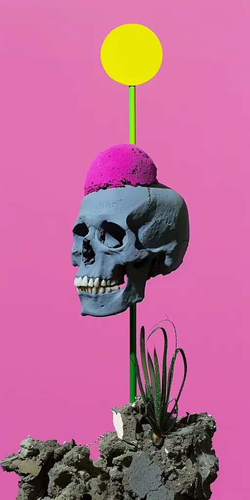 A gray human skull sits atop a pink sphere, which is balanced on a green rod. Above the skull, a yellow circle sits on the same rod. The skull faces the left side of the image, and a plant sprouts from the base of the rod, anchored in a bed of gray, rocky debris. The backdrop is a solid pink.