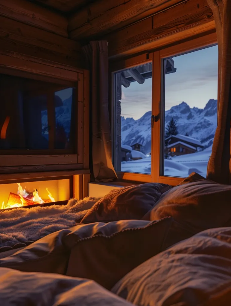 The image shows a cozy bedroom with a large window overlooking a snowy mountain landscape. The room is filled with warm light from the fireplace and the setting sun. Soft blankets and pillows are arranged on the bed, inviting relaxation and comfort.  The wood-paneled walls and rustic furniture create a sense of warmth and seclusion.  The view outside the window is breathtaking, with snow-capped peaks and a picturesque village nestled in the valley.  This inviting space offers a peaceful retreat from the outside world.