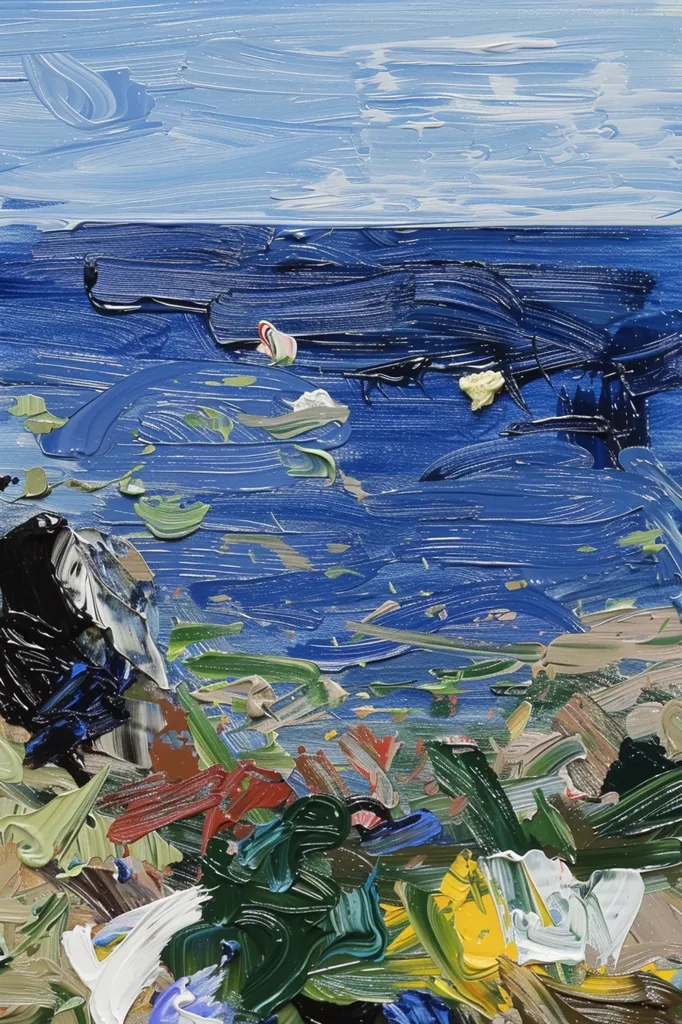 The painting depicts a seascape with thick, textured brushstrokes.  The top of the painting features a light blue sky with wispy clouds.  Below it, the sea is rendered in various shades of blue.  A few small white and pink shapes float in the water.  The foreground of the painting is obscured by a dense mass of green, red, yellow, and white brushstrokes, hinting at the presence of land or vegetation.  The painting's loose, expressive style evokes a sense of movement and energy.