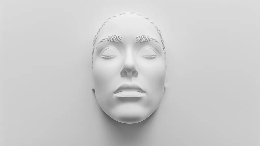 The image is a close-up of a white plaster cast of a human face. The face is in profile, with the eyes closed. The cast is set against a plain white background, creating a stark and minimalist composition. The image evokes a sense of serenity and stillness.  The smooth surface and simple design of the cast suggest a sense of purity and perfection.