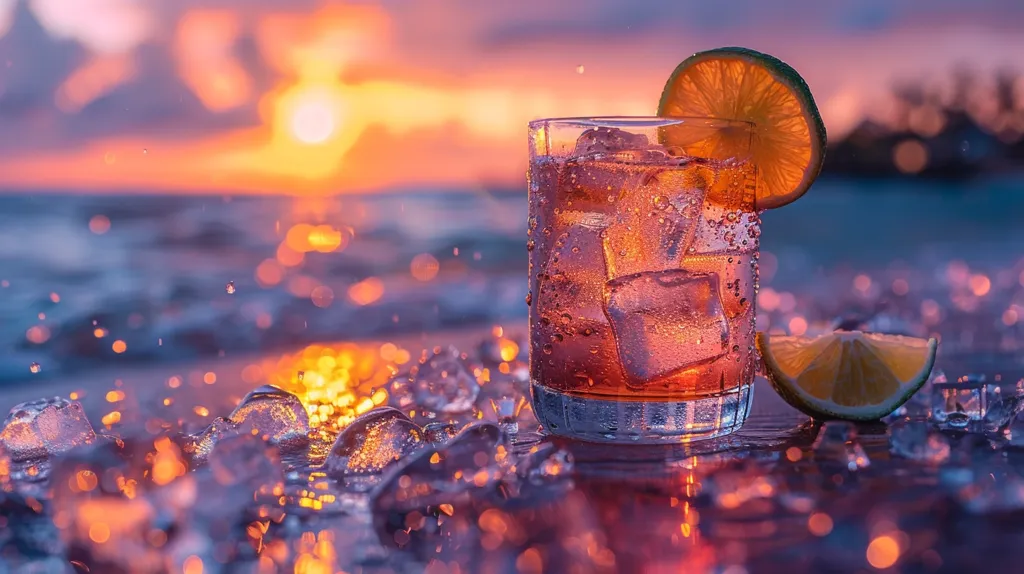 A glass of iced drink with a lime wedge garnish sits on a surface covered in ice and water. The background is blurred and shows a golden sunset over a body of water.  The image evokes a sense of relaxation and summery refreshment.