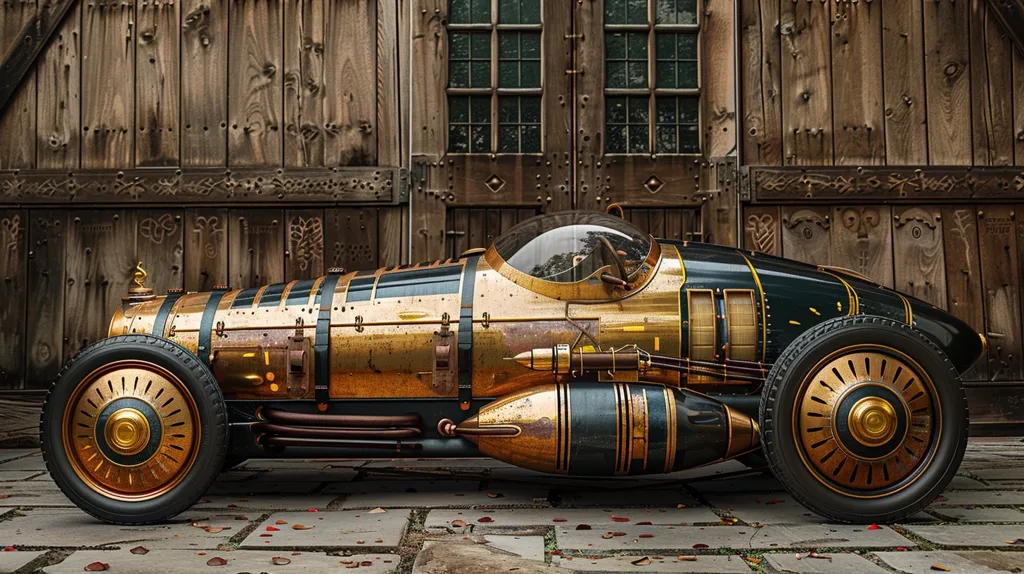 A sleek, vintage-style race car, crafted in a steampunk aesthetic, sits against a rustic wooden backdrop. The vehicle is primarily gold with black accents, featuring intricate details and a streamlined design. It has a large, open cockpit and a long, cylindrical engine. The car's wheels are large and spoked, with a gold center hub. The overall image evokes a sense of speed and adventure, capturing the essence of a bygone era.