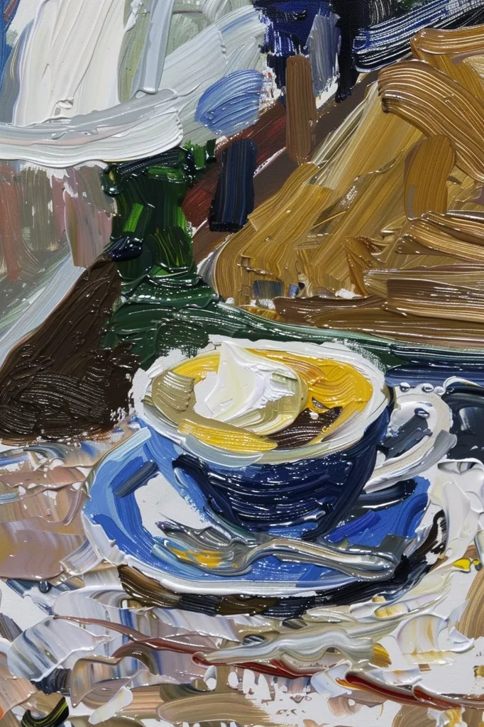 The painting depicts a cup of coffee with a swirl of cream on top, resting on a blue saucer. The background is a blur of abstract shapes and colors, suggesting a cozy, domestic setting. The artist's use of thick brushstrokes and vibrant hues creates a sense of energy and immediacy. The painting evokes a feeling of warmth and comfort, inviting the viewer to savor the moment.