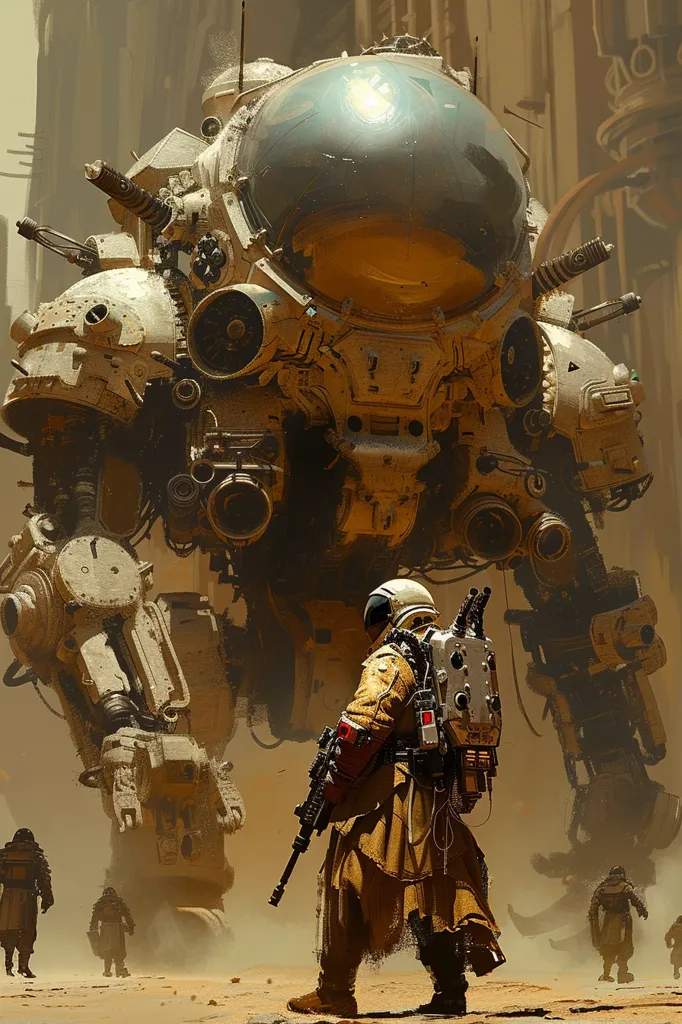 A large, heavily armed, white and yellow mech stands in a desert landscape. A soldier in a brown jumpsuit and helmet, armed with a rifle, stands in front of the mech, looking towards the camera. The soldier appears to be part of a small group of soldiers, all wearing similar clothing. The background features a blurry depiction of a ruined city or settlement.
