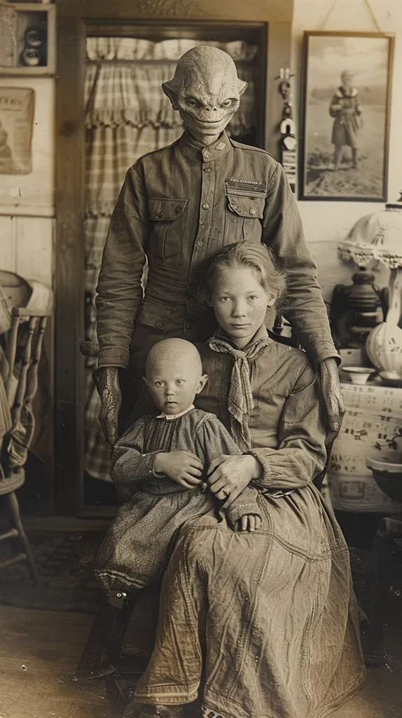 A sepia-toned photograph depicting a strange alien-like figure with large eyes and a pointed head. The figure is dressed in military attire and holds a young girl and a toddler. The girl is dressed in a long skirt and blouse, while the toddler is wearing a dress. The image has a surreal, almost unsettling quality, with its subject matter and the dated aesthetic.