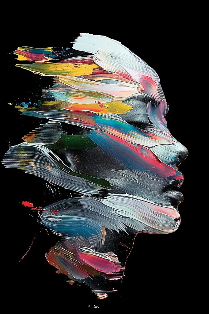 The image is an abstract portrait of a person in profile, painted with thick, colorful brushstrokes. The face is partially obscured by layers of vibrant paint in shades of blue, pink, yellow, and white. The background is a dark, almost black, creating a stark contrast with the bright colors of the portrait. The painting is dynamic and expressive, with the brushstrokes suggesting movement and energy.  The overall effect is a striking and thought-provoking image that explores the beauty and mystery of the human form.
