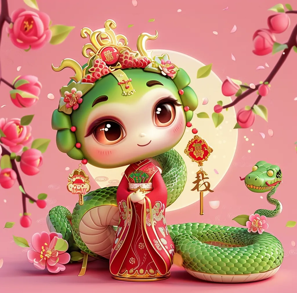 The image shows a cute, cartoon-like snake character with a human face and body. She is wearing a traditional Chinese red dress with gold accents. The snake is adorned with gold jewelry and is holding a red object in her hands.  The character is surrounded by pink cherry blossoms and a pink background with a moon in the upper right corner. The image has a cartoonish and festive feel.