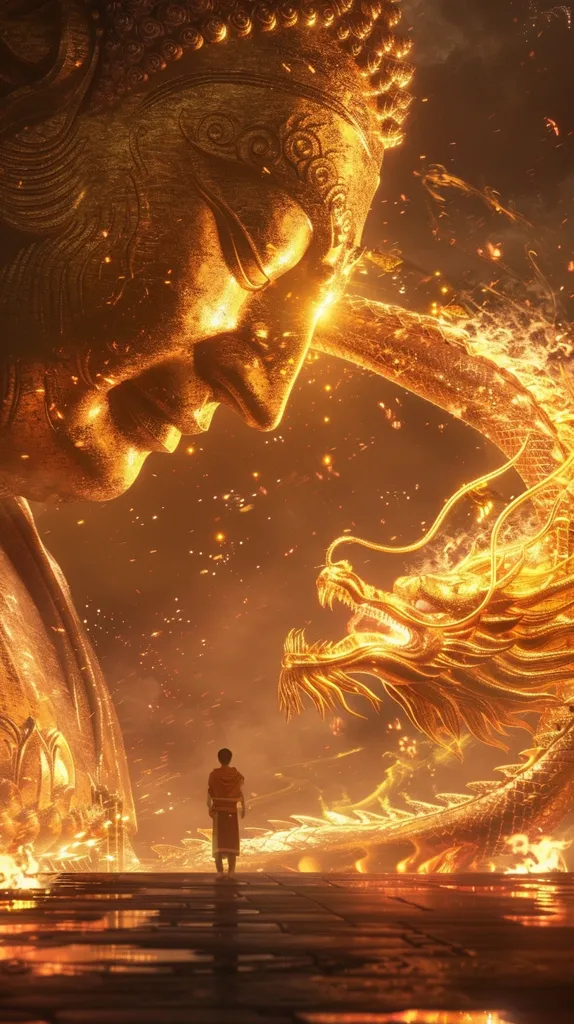 The image depicts a golden Buddha statue facing a golden dragon in a fiery landscape. A lone figure stands between them, observing the majestic creatures. The scene is full of warmth and energy, suggesting a powerful spiritual connection between the Buddha, the dragon, and the individual. The image evokes a sense of awe and wonder, hinting at a mystical or religious narrative.