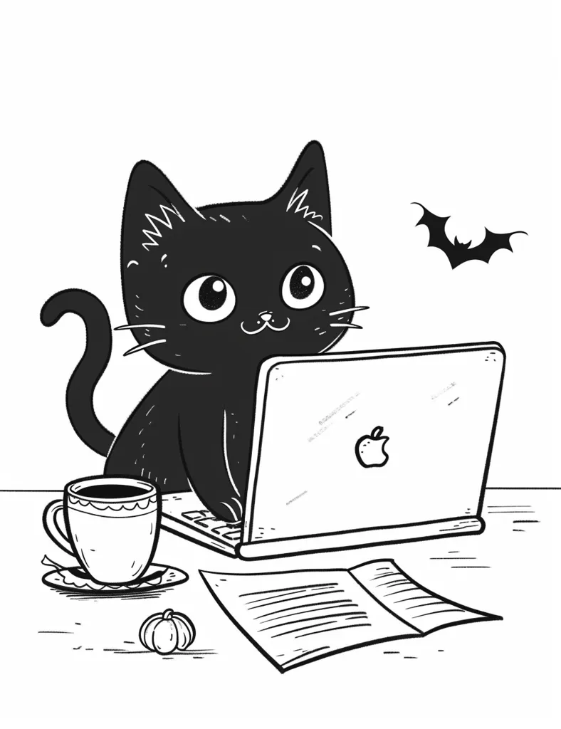 A black cat with large eyes sits at a desk, working on a laptop computer. It has a cup of coffee and a pumpkin on the desk next to it. A bat flies in the top right corner of the image. The scene is drawn in black and white.