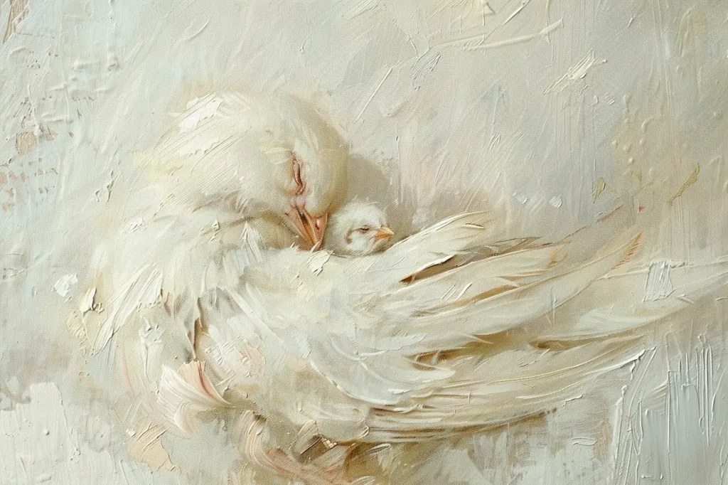 A painting of a white bird with its wings spread, cradling a smaller, white chick. The painting is done in soft, muted tones of white, cream, and beige. The strokes of paint are visible, giving the painting a textured, almost tactile feel. The image evokes a sense of peace, tenderness, and protection.  The overall composition is simple and elegant.