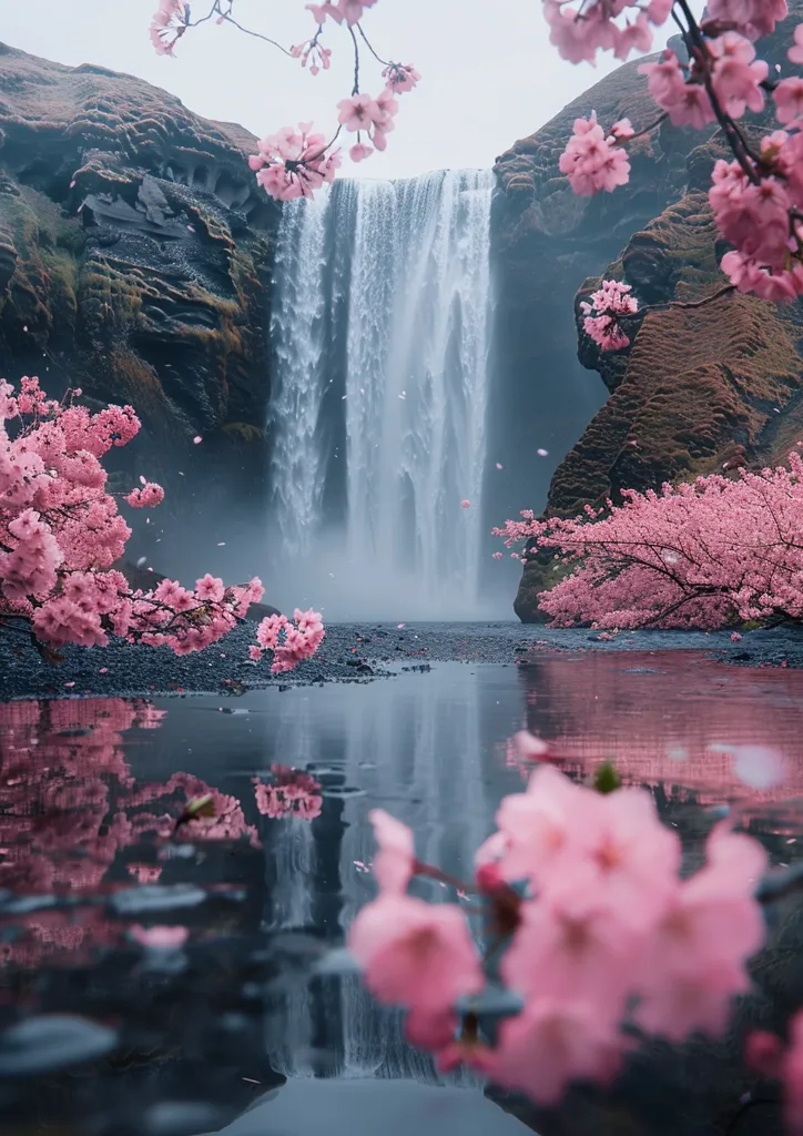 A breathtaking waterfall cascades down a rocky cliff, its misty spray creating an ethereal atmosphere. Lush pink cherry blossoms frame the scene, their delicate petals falling like confetti onto the water below. The reflection of the waterfall in the still pool creates a mesmerizing visual spectacle. The image captures the beauty and tranquility of nature, inviting viewers to immerse themselves in its serene embrace.