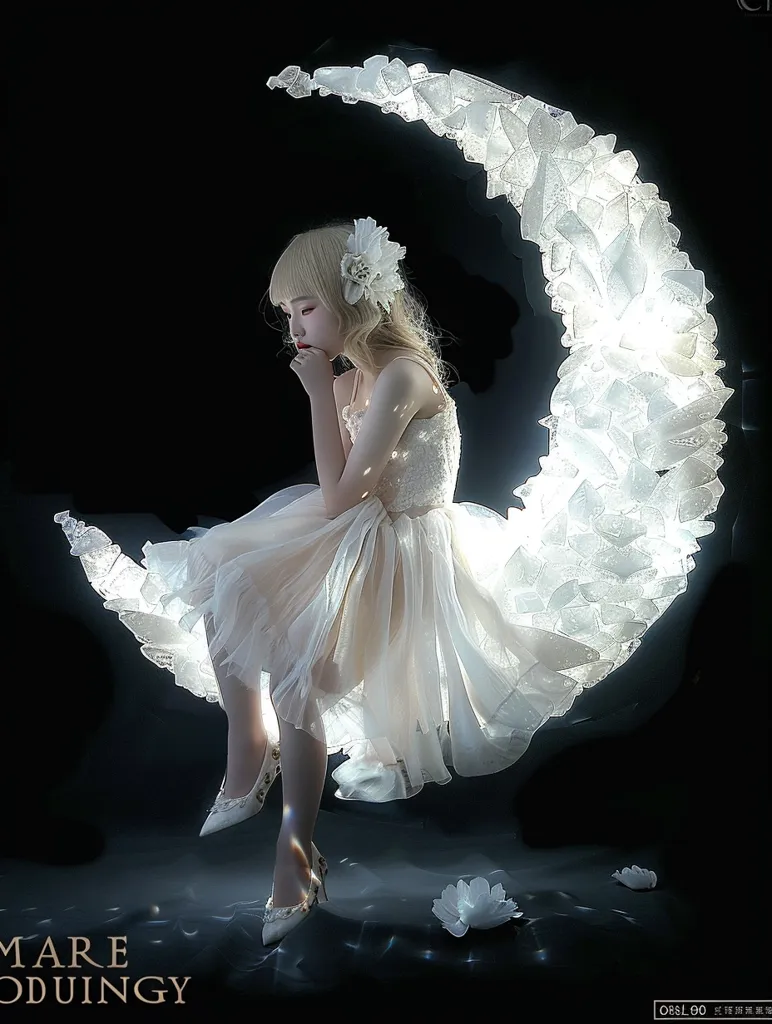 A young woman in a white dress sits on a crescent moon made of crystals. The moon is glowing, casting a soft light on the woman. She has a delicate flower in her hair and is looking down, lost in thought.  She sits on the moon with her feet dangling in the air. The background is dark, emphasizing the ethereal glow of the moon and the woman. The overall image evokes a sense of wonder and mystery.