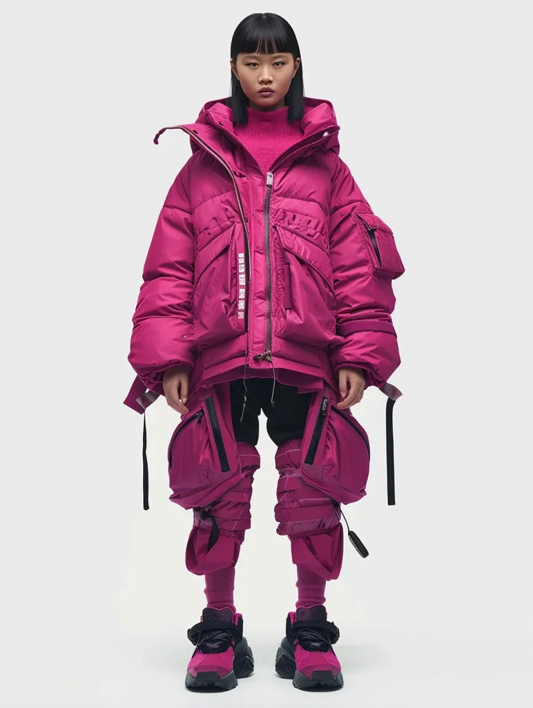 A young woman with short black hair is wearing a bright pink puffer jacket with multiple pockets and matching pink cargo pants. The jacket has a high collar and a hood, and the pants have large, functional pockets on the legs. She is wearing black sneakers and a pink turtleneck sweater. She is standing in a white studio and looking at the camera.