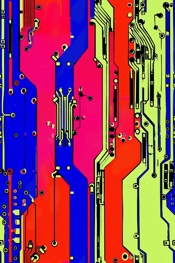 The image shows a close-up of a circuit board. The board is a vibrant mix of colors, predominantly blue, red, and green. The intricate network of lines and circles, representing electrical pathways, creates a complex and visually striking pattern. The bold colors and abstract design emphasize the technological nature of the image, suggesting the inner workings of a computer or electronic device.