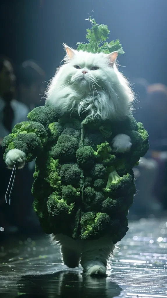 A white cat with a fluffy coat walks down a runway wearing a green broccoli costume. The cat has a serious expression on its face and a small sprig of greenery on its head. The background is blurred and appears to be a stage with a dark, slightly reflective surface. The cat's attire is a unique and humorous combination of fur and vegetables.