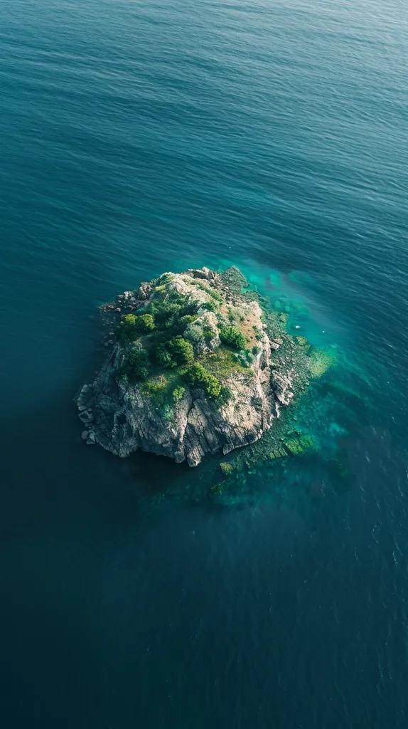 A small, rocky island with a few trees sits in the middle of the vast, deep blue ocean. The water is calm and clear, revealing the sandy bottom and surrounding reefs. The image captures a sense of solitude and tranquility, with the island appearing as a lone sentinel in the vast expanse of water.