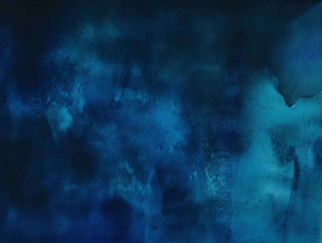 The image is a watercolor painting with a blue background. The blue color is not uniform, it appears in shades, making a cloudy, textured effect.  The texture is a result of watercolor blending and the uneven application of the paint. The composition has an abstract and ethereal feel.