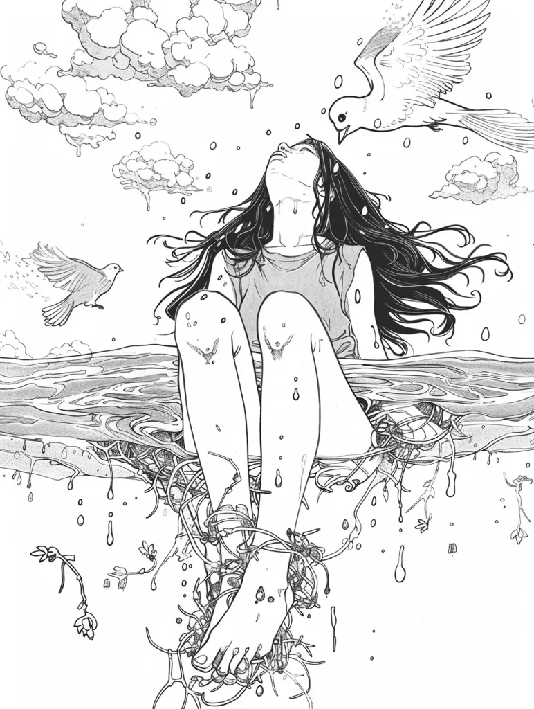 The image depicts a woman with long hair, sitting with her legs submerged in a body of water. She looks up at a bird flying above her, its wings outstretched. Clouds drift overhead, with raindrops falling from them. The woman is surrounded by a tangled network of vines, suggesting a sense of entrapment or connection to nature. The overall tone of the image is ethereal and dreamlike.