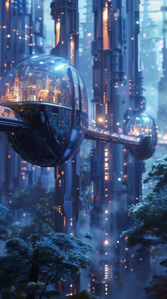 A futuristic city with towering structures, illuminated by a soft glow. Two large, spherical pods hover in the air, connected by a platform. The pods appear to be some form of futuristic transportation. In the foreground, a few trees provide a touch of nature amidst the urban landscape. The scene is bathed in a soft, blue light, giving it an ethereal feel.