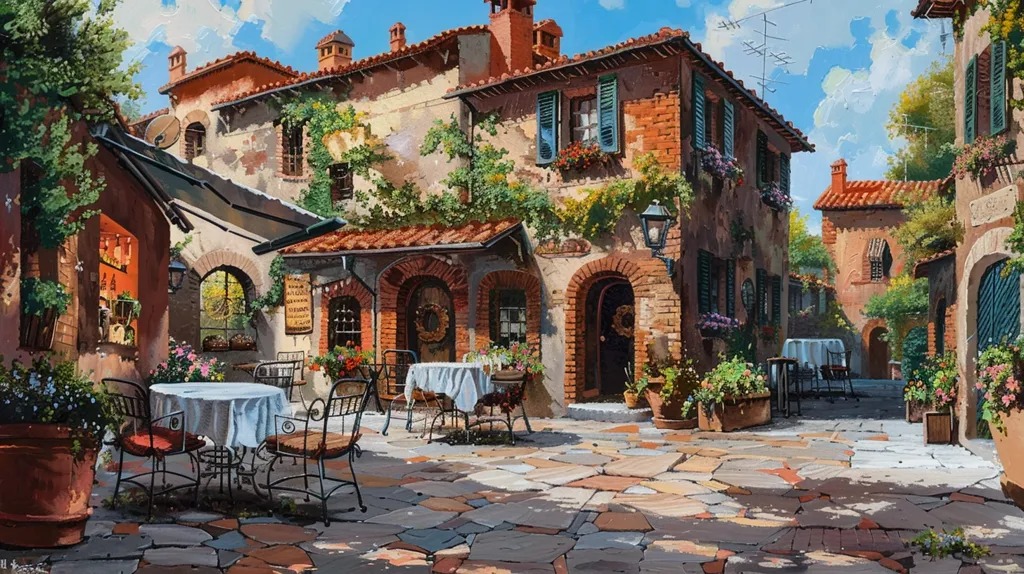A quaint, cobblestone street in a charming Italian town. Red-roofed buildings line the street, adorned with lush greenery and flower boxes. A small cafe with tables and chairs sits on the sunny corner, inviting passersby to relax and enjoy the ambiance. The scene exudes a sense of tranquility and timeless beauty.