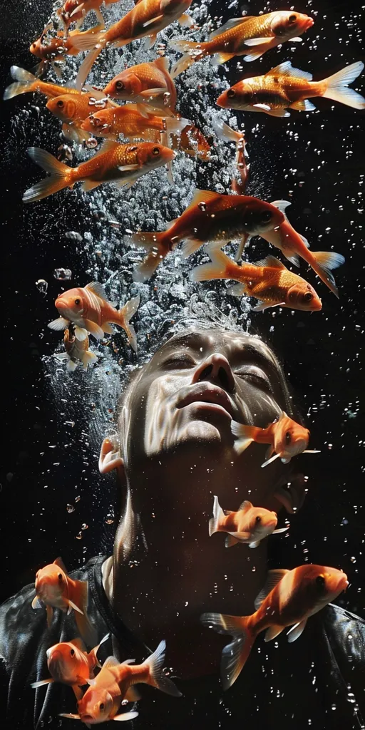 The image depicts a person submerged in water, with their eyes closed and head tilted back. The person's face is surrounded by a flurry of orange and white goldfish swimming in a swirling motion. The background is a dark black with tiny white bubbles, creating a dreamlike atmosphere. The contrast between the person's calm expression and the energetic movement of the fish adds to the surreal and intriguing nature of the composition.