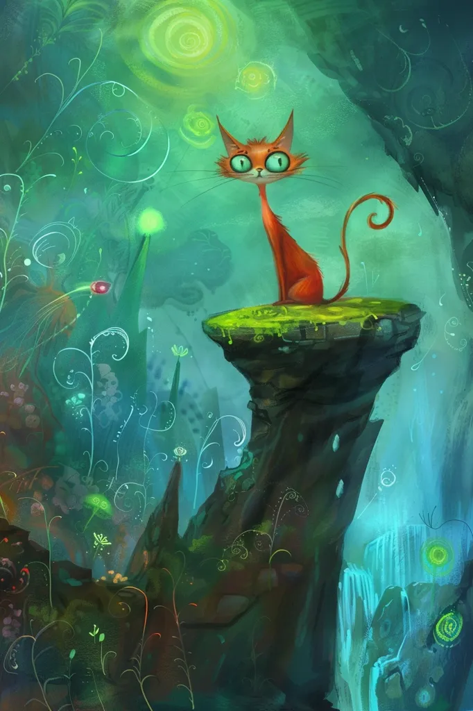 A stylized orange cat sits on a rock ledge in a whimsical, dreamlike forest. The background is a vibrant turquoise and green, filled with swirling vines and glowing orbs. The cat's large, round eyes add to the magical feel of the scene. The art style is loose and expressive, creating a whimsical and enchanting atmosphere.