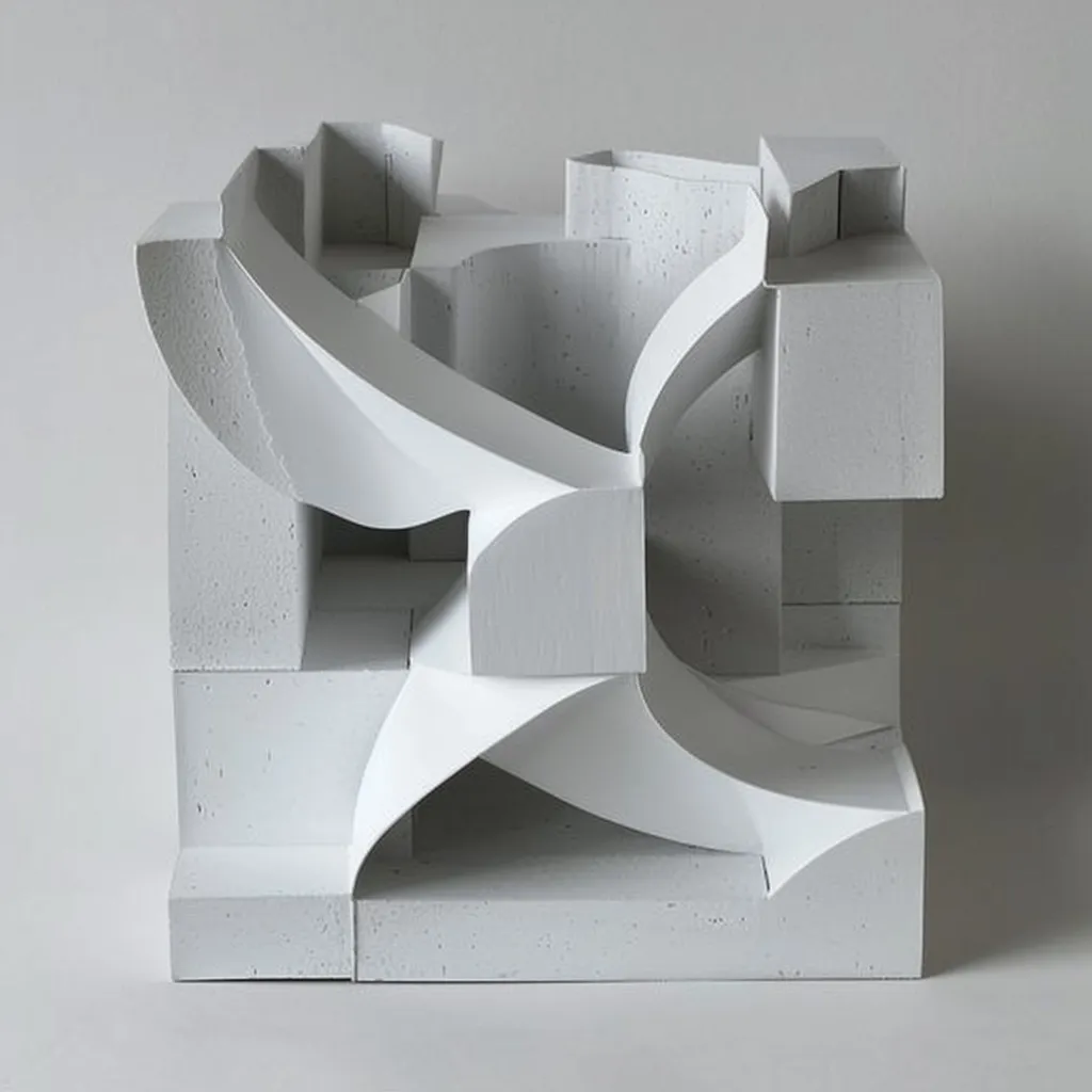 A white, abstract sculpture composed of various geometric shapes, creating a complex and intricate design. The sculpture is made from interlocking blocks, with curved and angled surfaces, forming negative and positive spaces. The smooth, white finish highlights the intricate details of the design, suggesting a sense of balance and harmony.