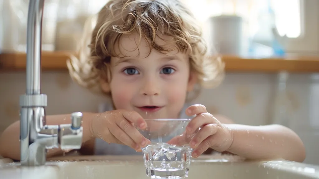 A young child with curly blonde hair is looking at a glass of water in a kitchen sink. The child's hands are holding the glass, and their eyes are wide with anticipation. A silver faucet is visible in the background. The image is bright and cheerful, and the child's expression suggests that they are excited to drink the water.