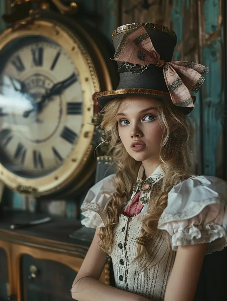 A young woman with long blonde hair wears a large, ornate top hat with a pink bow. She is dressed in a white blouse with a ruffled collar and a cream-colored vest. She sits in front of an antique clock with Roman numerals, her expression serious and thoughtful. The image evokes a sense of timelessness and mystery.