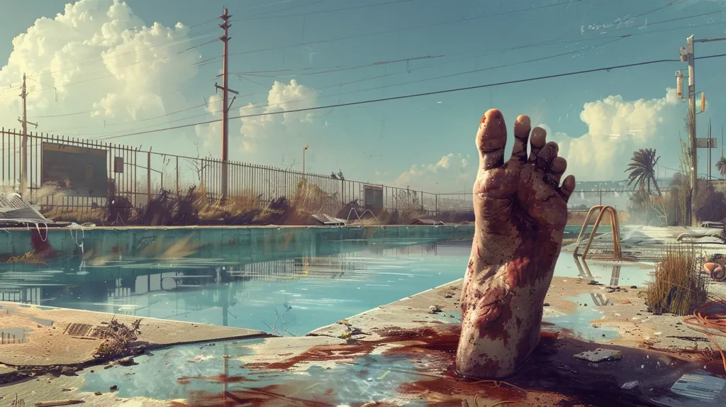 The image depicts a decaying foot protruding from the edge of a drained pool. The pool is surrounded by a chain-link fence, overgrown weeds, and a cloudy sky. The foot is covered in blood and grime, suggesting a violent end. The scene is desolate and eerie, hinting at a past tragedy. The overall tone is one of decay and abandonment.