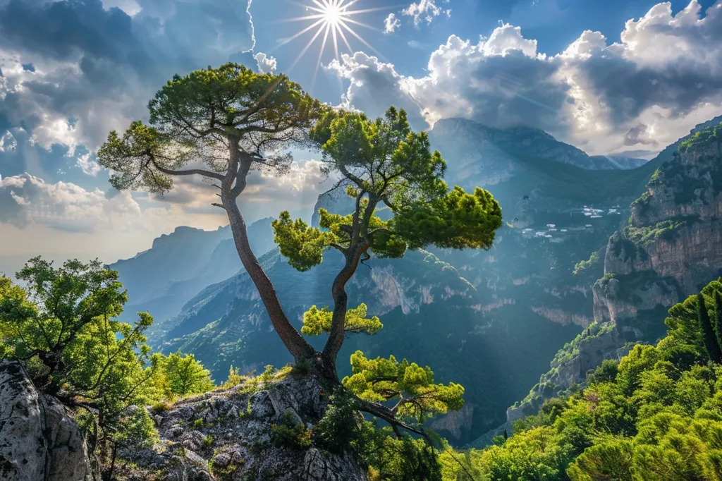Two pine trees grow on a cliffside overlooking a valley. The sun shines through the clouds, casting rays of light onto the green, mountainous landscape. The distant peaks are covered in lush foliage, while the foreground is characterized by rocky outcroppings. The scene is serene and tranquil, evoking a sense of peace and wonder.