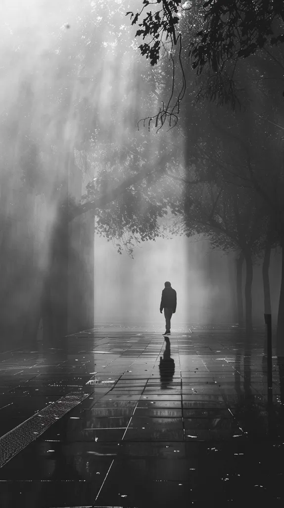 A solitary figure walks through a misty, shadowy street. The person is shrouded in a dark coat, and the only light comes from the faint beams filtering through the thick fog. The image has a mysterious and somewhat melancholic feel, suggesting a sense of isolation and introspection. The wet pavement reflects the hazy atmosphere, blurring the lines between reality and the unknown.