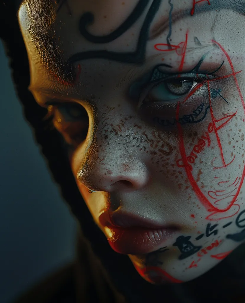 A close-up portrait of a person with a piercing and intricate makeup. Their face is covered in black and red markings, creating a striking contrast. Their piercing gaze and full lips add a sense of intensity to the image. The background is blurred and dark, emphasizing the subject's features.  The overall mood is mysterious and alluring.