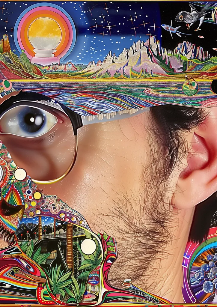 The image is a close-up of a man's face, with his eye and part of his ear visible. His face is partially obscured by a colorful, abstract design that appears to be a landscape with a bright, glowing sun in the sky. The design is made up of intricate details and vibrant colors, creating a surreal and dreamlike atmosphere. The man's beard is visible, adding a touch of realism to the otherwise fantastical image.