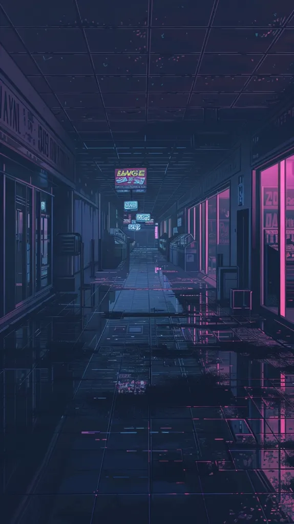 A dark, empty hallway with tiled floors and a lit-up storefront at the end. The walls are lined with storefronts, some with windows displaying merchandise. The hallway is illuminated by neon signs and the glow from the windows. The image has a cyberpunk aesthetic.