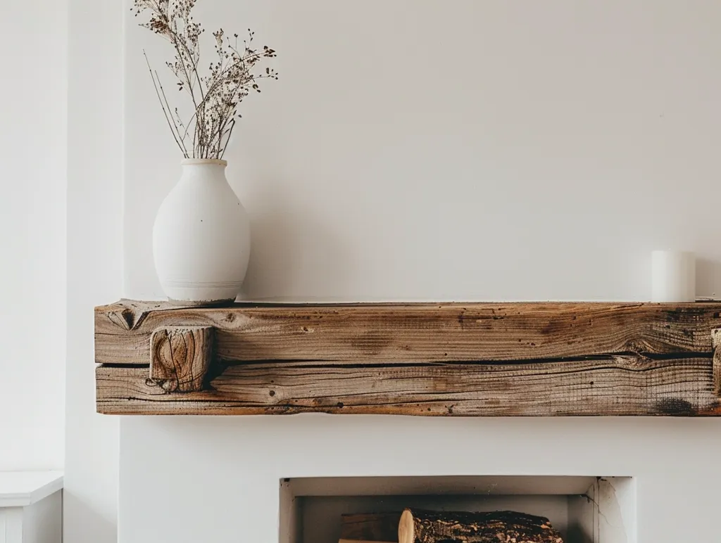 A rustic wooden mantel sits above a fireplace, adorned with a white ceramic vase holding dried flowers. The mantel is made of two thick planks of wood, with visible knots and grain patterns. The white wall behind the mantel provides a minimalist backdrop, highlighting the natural beauty of the wood. A glimpse of the fireplace below reveals a log, suggesting warmth and comfort.