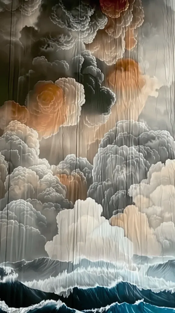 The image is a painting depicting a stormy seascape. It features a dramatic sky filled with large, fluffy clouds in shades of gray, white, and brown. The clouds are depicted with a textured, almost 3D effect, adding depth and dimension to the painting.  Beneath the clouds, powerful waves crash against the shore, creating a sense of movement and energy. The painting captures the raw beauty and power of nature.