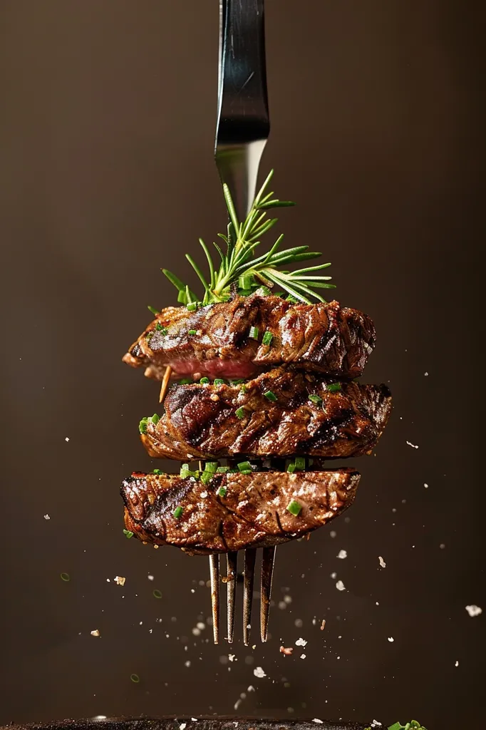A fork holds a stack of three perfectly cooked, juicy, and flavorful steak slices. The steak is garnished with fresh rosemary and chives.  A sprinkle of salt adds to the image's delicious appeal. The entire image is in focus, showcasing the quality of the meal. The background is blurred, focusing the viewer's attention on the steak.
