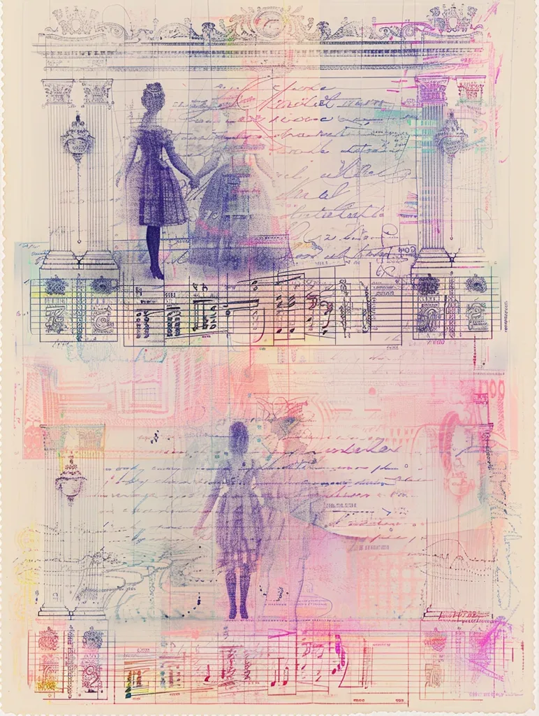 A vintage-style abstract art piece, with a faded image of two women in long dresses standing in a doorway, overlaid with handwritten text, musical notes, and architectural details. The piece is predominantly light pink and blue, giving it a soft and delicate feel. It has a layered and textured appearance, reminiscent of an old scrapbook.