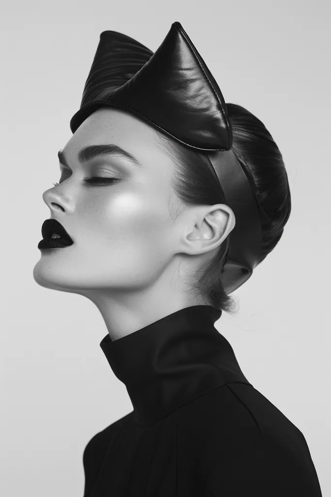 A woman with dark hair wears a black, leather headband that resembles cat ears. Her eyes are closed and her lips are painted a dark shade of red. Her skin is fair and smooth, and she wears a black, turtleneck sweater. The photo is shot in black and white.  The lighting is dramatic and casts a shadow on the side of her face. The woman appears to be staring upwards as if lost in thought.