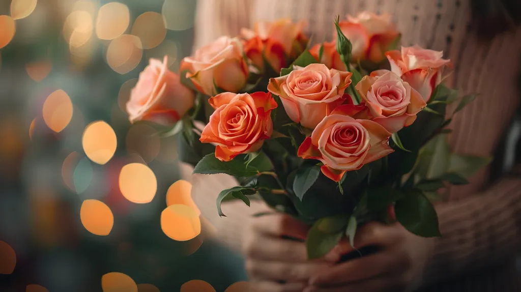 A person is holding a bouquet of bright orange roses in front of a blurred background of warm yellow and orange bokeh lights. The roses are in full bloom and the person's hand can be seen cradling the stems. The image evokes feelings of love, happiness and celebration.