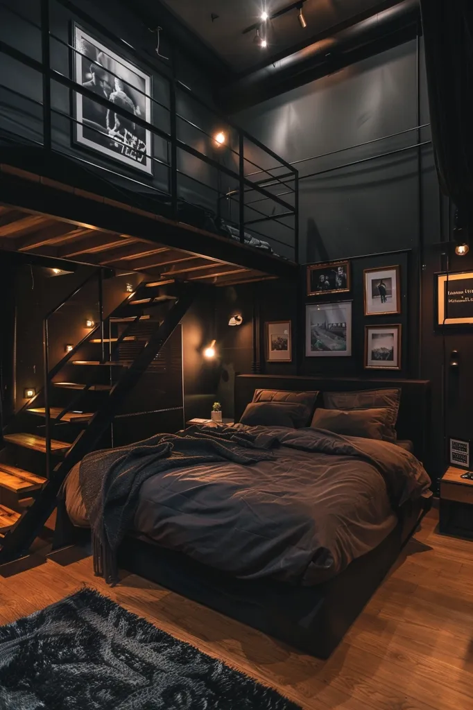 The image shows a modern, minimalist bedroom with a loft above. The room is decorated in a dark and moody palette, with black walls, dark wood floors, and a black bed with dark grey bedding. There are framed pictures on the wall, and a black metal staircase leading up to the loft.  Warm lighting illuminates the room, casting long shadows. The overall effect is sophisticated and stylish.