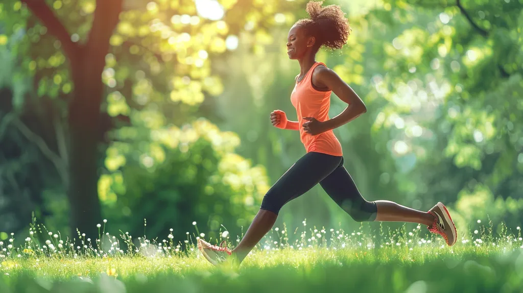 A young woman with dark skin and curly hair is jogging through a grassy park. She is wearing a bright orange tank top and black leggings. The sun shines through the trees, creating a dappled effect on the ground.  She is smiling as she runs, suggesting she enjoys the exercise and the beautiful surroundings.