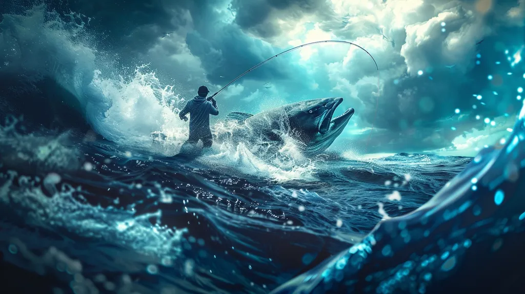 A lone fisherman stands on a wave, his rod bent with the weight of a massive fish leaping from the water. The sky is dark and stormy, with the ocean churned by the giant fish's struggle. The fisherman looks determined, but the size of his catch makes the situation seem precarious. The image is a dramatic and awe-inspiring representation of the power of nature and the thrill of the chase.